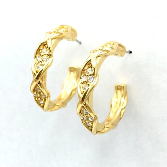 ELIZABETH TAYLOR Sparkle Kiss hoop earrings - 1" gold-tone clear rhinestone Avon - Picture 2 of 7